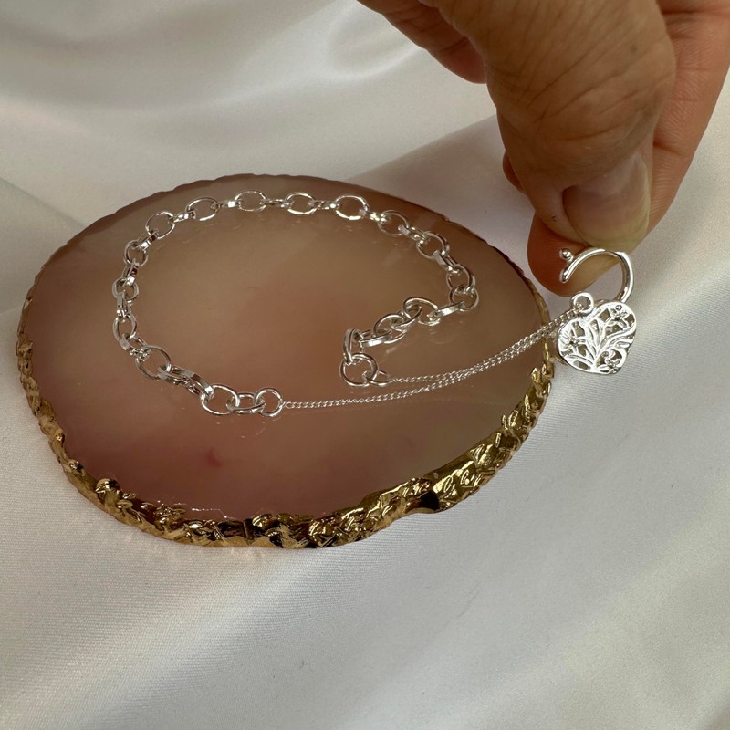 Sterling Silver Belcher Chain Pendant Bracelet with Heart Padlock 6"