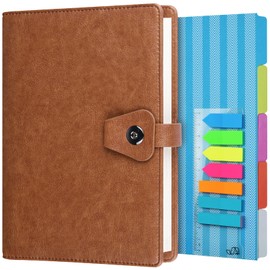 A5 Binder Journal, Refillable 6 Ring Organizer Planner Leather Business Writing Notebook, Ruled Hardcover Diary Notebook with Divider page and Index stickers-Brown