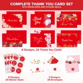 Decorably Thank You Cards with Envelopes & Stickers, Floral-Themed Cards - 24 Pack Red Thank You Cards with Envelopes & Stickers, Blank Inside Thank You Cards Red, 6x4in Red and White Thank You Cards