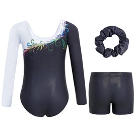 Gogokids Girls' Three-Piece Longsleeve Gymnastics Leotard Set - Kids Gymnastics Outfits with Gradient Sequin Design Includes Leotard, Shorts and Hair Tie, Sparkling Ballet Unitards for Ages 8-9