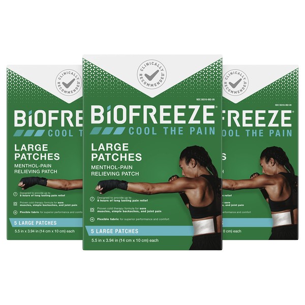 Biofreeze Menthol Pain Relieving Patches (5 Patches Per Box, Pack Of 3) Up To 8 Hours Of Pain Relief From Sore Muscles, Arthritis, Backaches, Spains, Bruises, Strains And Joint Pain (Package May Vary)