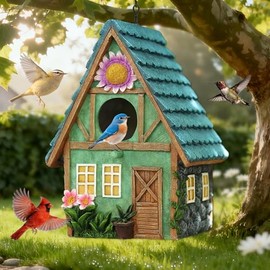Casitas Colgantes para pájaros de Exterior Estilo cabaña con Detalles Florales: Casitas Decorativas de Resina pintadas a Mano para pájaros de Exterior, Ideales para pinzones Azules.