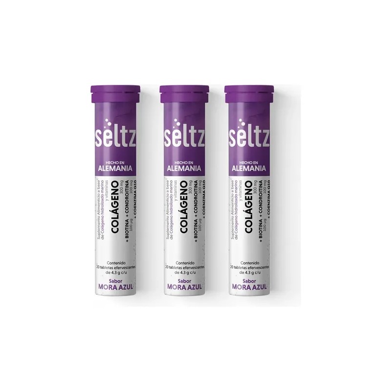 Colágeno Coq10 Biotina 3 Pack Seltz Tabs Efervescentes Sabor Mora