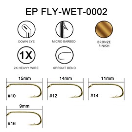 Eupheng Fly Hooks Assortment of Best Sizes Dry Wet Nymph Shrimp&Pupa, Streamer, Caddis, Jig, Scud Flies Great Value Package Micro Barbed Bronze Forged Fishing Hooks (EP FLY-WET-0002)
