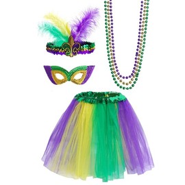 Losuya Mardi Gras Costume Accessory Set, Tutu Skirt, Faux Feather Headband, Mask, Mardi Gras Beads for Women and Girls, Mardi Gras Party Decorations