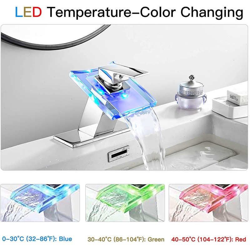 Bathroom Sink Faucet Waterfall Glass Spout LED Light 3 Colors