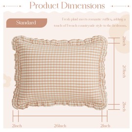 KKJIAF 2 Pcs Plaid Ruffle Pillow Case Standard Size, Washed Cotton Gingham Ruffled Euro Sham Pillow Covers 20x26 Inches, Plaid Bed Pillow Shams with Envelope Closure for Sofa Bed (Light Pink Plaid)
