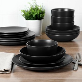 Gibson Home Queenslane 16 Piece Double Bowl Plates and Bowls Dinnerware Sets - Matte Black