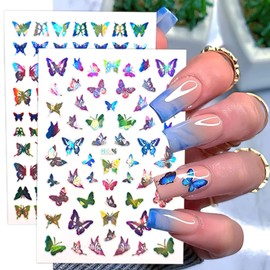 16 Sheets Butterfly Nail Art Stickers 3D Self-Adhesive Nail Art Supplies Laser Colorful Butterfly Nail Art Decals Holographic Flower Butterflies Nail Design for Women Girl Manicure Nail Art Decoration
