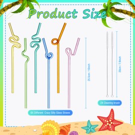 6 Pcs Wavy Glass Straw Reusable Curved Silly Glass Straws Shatter Resistant with 2 Cleaning Brushes Multicolor Clear High Borosilicate Glass Straws for Kids Adults Juice (Colorful, 10 Inch)