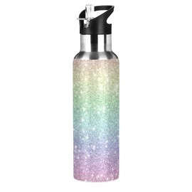 Shiny Rainbow Glitter Water Bottle Kids Thermos Bottle with Straw Lid Kids Insulated Stainless Steel Water Flask Leakproof Thermos Bottle for Gym Outdoor 20 oz