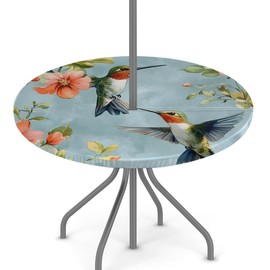 Round Garden Table Cloth With Parasol Hole, Birds Flowers Outdoor Circular Fitted Tablecloth with Umbrella Hole Waterproof Elastic Edged Table Cover for Party Picnic, Fit for 45"-56" Round Tables