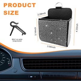 Dickno Car Air Vent Storage Organizer, Rhinestones Leather Pocket, Bling Automotive Pouch Box With Hook, Multipurpose Dashboard Cell Phone Holder for Girl Women (White)