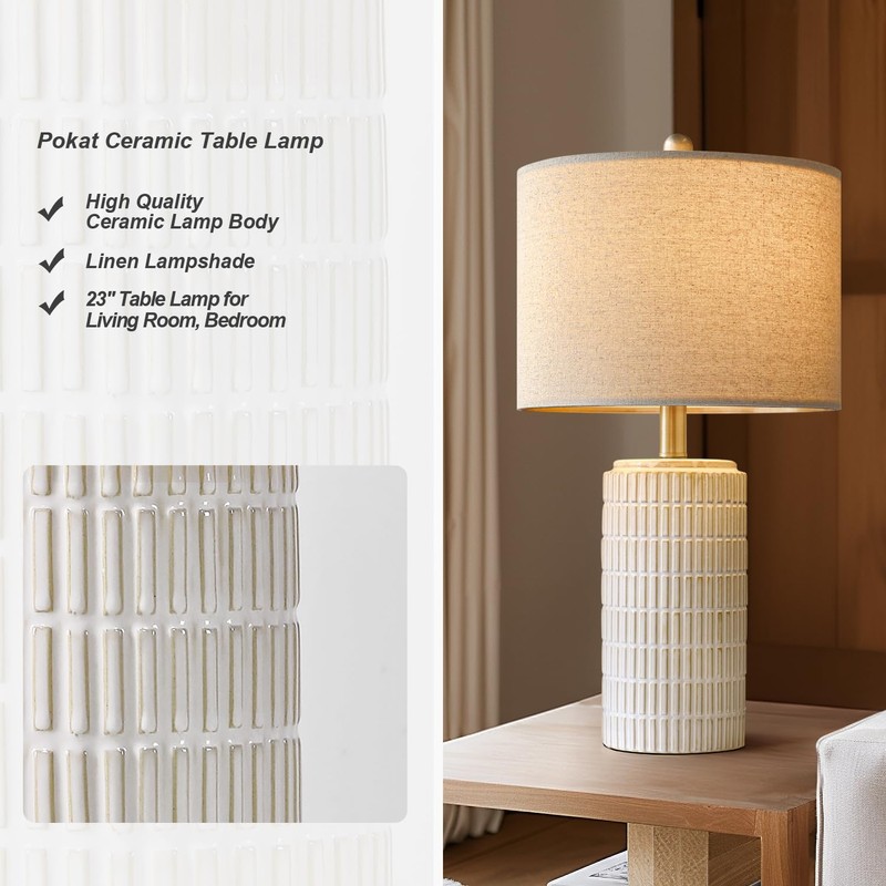 PoKat 23'' Bedside Table Lamp for Bedroom Nightstand - Ceramic
