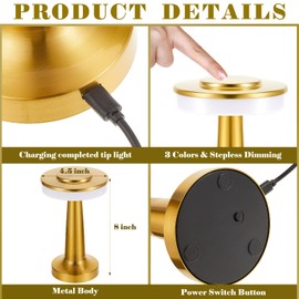 Riakrum 4 Pcs Led Portable Metal Table Lamp with Touch Sensor 3 Color Stepless Dimming Nightstand Desk Lamp Rechargeable Battery up to 15 Hours Cordless Lamp Table Wireless Lamp for Kids (Gold)