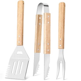 HISECOO 3-Piece Wooden Grill Tool Set, BBQ Accessories & Grill Tools, Durable Stainless-Steel Utensils Multi-Function Spatula, Fork & Tongs, Grilling Gifts for Men, Dad Outdoor (3)