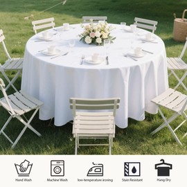 MRJ Round Tablecloth 90 Inch Washable Resistant Wrinkle Polyester Table Cloth White Fabric Table Cover for Buffets Parties Picnics