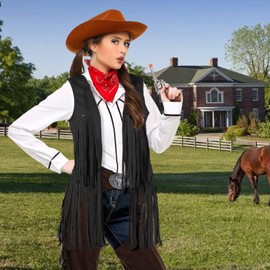 PARTTELY Women Fringe Vest 70s Hippie Costume Faux Suede Rivets Tassel Sleeveless Cowgirl Western Costume Jacket Outerwear