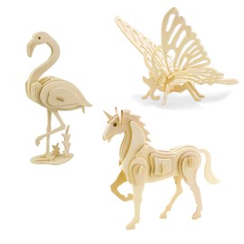 Georgie Porgy 3D Wooden Puzzles for Kids Toys Construction Woodcraft Kits DIY Model Puzzle Kits Birthday Gifts Pack of 3 (Butterfly Unicorn Flamingo)