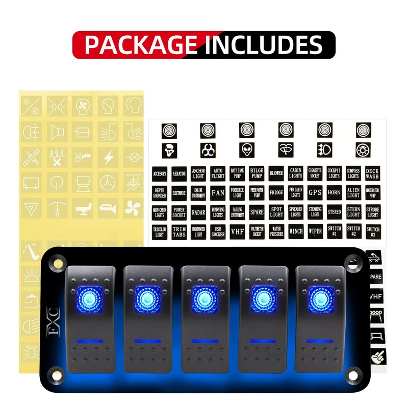 FXC Rocker Switch Aluminum Panel 5 Gang Toggle Switches Dash