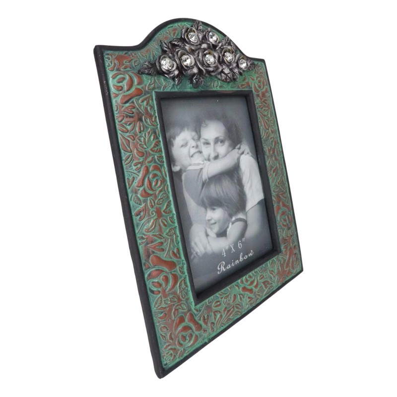 Western Silver Roses Turquoise Faux Tooled Leather Picture Photo Frame