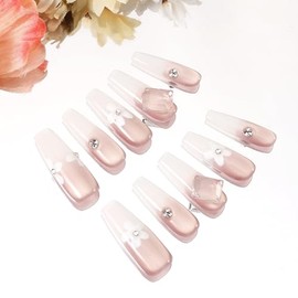 Artificial Press on Nails Square Long, Glue on Nails for Women, Pink Gradient, Hand-painted Flowers and Diamond Designs, Full Cover, 10 Sizes Reusable, Suitable for Many Occasions