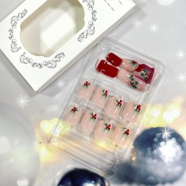 LOPMNGHT Christmas Red Press on Nails Short Square Green Christmas Leaves False Nails with Design Winter Xmas Acrylic Nails Full Cover Glossy Coffin Nails Reusable Glue on Nails for Women 24Pcs