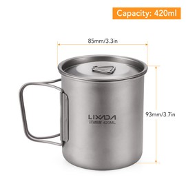 Lixada Titanium Pot Camping Portable Titanium Water Portable Cup with Folding Handle (300 ml, 350 ml, 420 ml, 550 ml, 650 ml, 750 ml, 900 ml, 1600 ml)