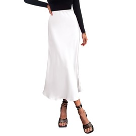 PRETTYGARDEN Women's Summer Midi Satin Skirt Dressy Casual High Waisted A Line Flowy Ruffle Elegant Party Skirts (White,Medium)