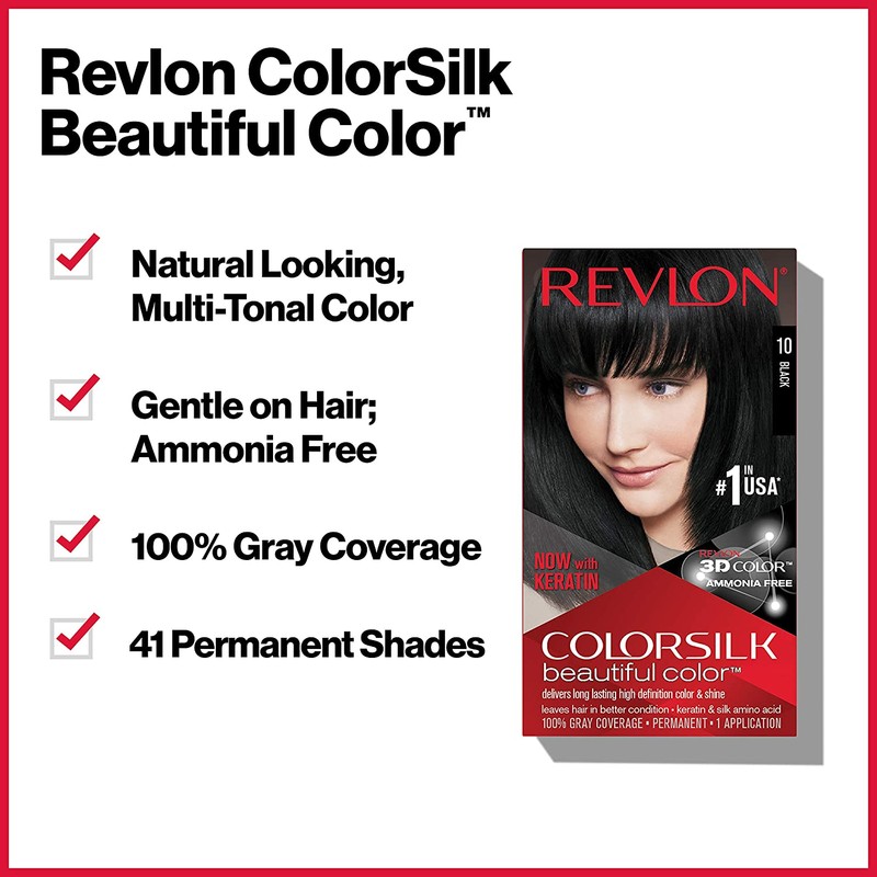 Revlon Colorsilk Beautiful Color, Permanent Hair Dye with Keratin, 100%