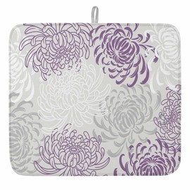 Vintage Pastoral Chrysanthemum Dish Drying Mats for Kitchen Counter,Absorbent Microfiber Dish Drainer Rack Mat Purple White Gray Flower Drying Pad for Sinks,Utensils,Countertops,18x24IN
