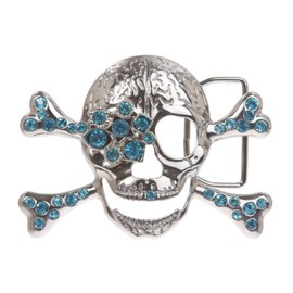 Rhinestone Skull & Crossbones Pirate Belt Buckle, Aquamarine