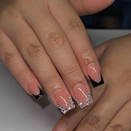 24 Pcs French Tip Press on Nails Short Square Fake Nails with Rhinestones Designs Black French False Nail Tips Stick on Nails Glossy Full Cover Glue on Nails for Women Girl Nail Decoration