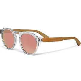 GOWOOD Panto Round Transparent Clear Women and Mens Sunglasses Polarized Mirrored Pink Lenses with Bamboo Wood Temples
