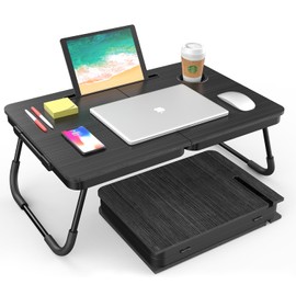 BUYIFY Portable Foldable Laptop Desk for Bed and Couch, Adjustable Lap Desk with Cup Holder and Phone Holder, Ideal for Working, Reading, Writing, and Breakfast (Black)