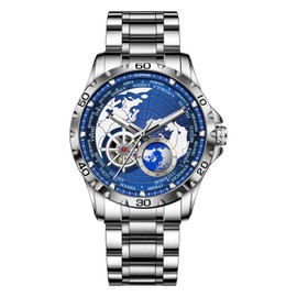 GLENAW Automatic Watches for Men, Blue Rotating Little Earth Blue Dial Men's Tourillon Mechanical Watch Luminous Hands, 3atm Waterproof Steel Strap Stopwatch (8988-Silver Case)