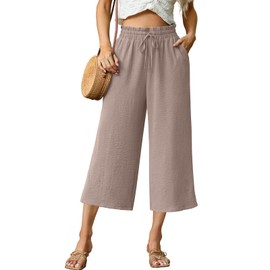 FREEOAK Womens Plus Size Wide Leg Flowy Pants High Waist with Drawstring Pockets Capri Cropped Pants for Beach Vacation 2025 Taupe Size 4X-Large