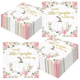 Tcoyodw 80 Pcs Fall White Pumpkin Baby Shower Party Paper Napkins A Sweet Little Pumpkin is On The Way Disposable Napkins Pink Floral White Pumpkin Fall Autumn Table Decorations Supplies