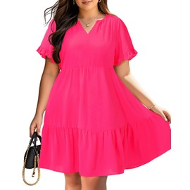 Hot Pink Dress Plus Size Women Summer Casual Babydoll Shift V Neck Short Sleeve Tunic Beach Cute Swing Tiered Sundress