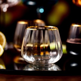 Lysenn Stemless Wine Glasses Set of 4 - Premium Hand Blown Drinking Glasses for White and Red Wine - Elegant Wide Vertical Stripe and Gold Rim Design - Clear 11.8oz