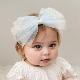 Yheahin Baby Girls Tulle Bow Elastic Headband Newborn Gauze Bow-knot Stretchy Hair Band with Crystal Birthday Party Hair Bow Ribbon Accessories for Toddler Infant (Bow 2 - Blue, elastic)