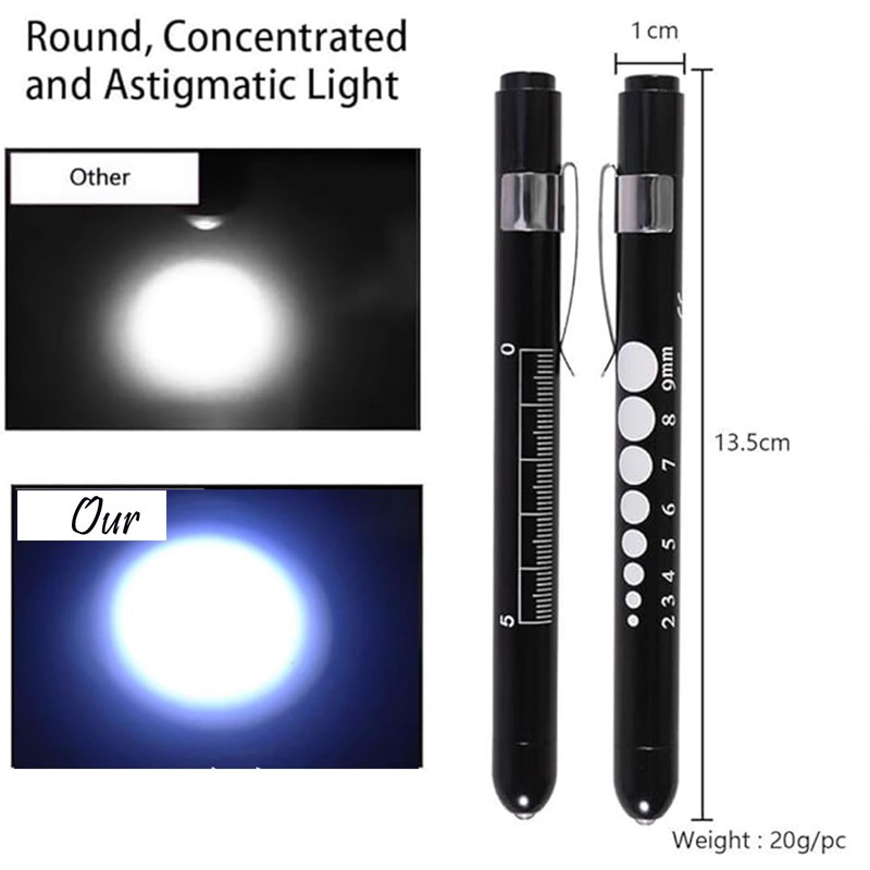 2 PCS Mini Pen Torch Light with Pupil Gauge Ruler