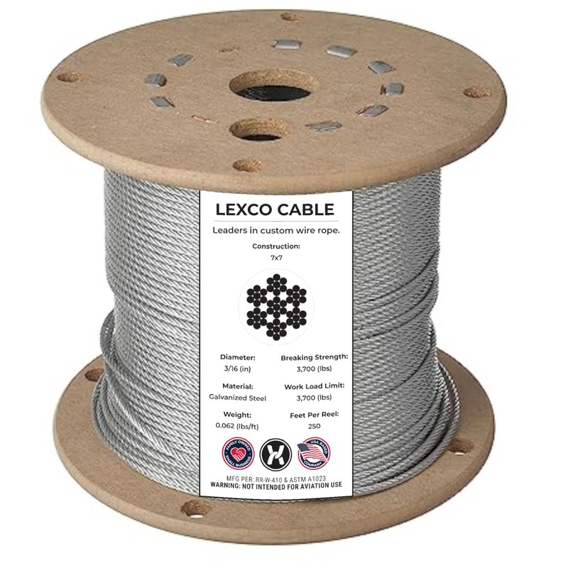 3/16 7x7 Galvanized Wire Rope Aircraft Cable 250' Reel