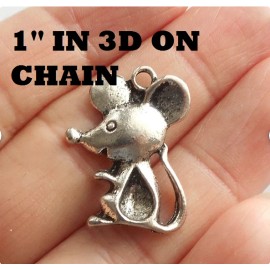 Fashion Jewelry 1" SMALL ANIMAL CUTE MOUSE Charm on DIAMOND Cut 925 Silver 24" Necklace Women