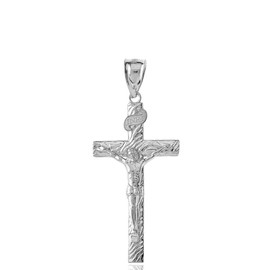 Wood Textured Sterling Silver Catholic Jesus Christ on INRI Crucifix Cross Pendant (1.66")