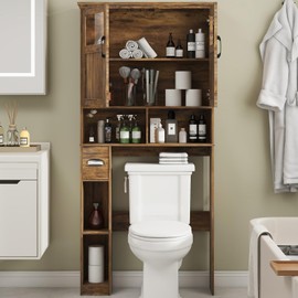 Vabches Over The Toilet Storage Cabinet, Storage Cabinet Over Toilet with Double Doors & Toilet Paper Holder Stand, Freestanding Toilet Shelf Space Saver with Anti-Tip Design & Adjustable Shelf, Brown