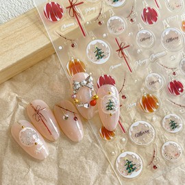 Christmas Nail Art Stickers Decals Crystal Ball Nail Stickers Winter Christmas Tree Red Bow Design 5D Embossed Nail Decals Manicure Supplies for Holiday Nail Art Decorations
