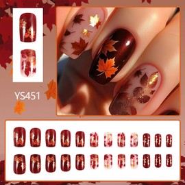 Vopintpy Fall Press on Nails Thanksgiving Glitter Maple Leaves Fake Nails Vintage Autumn Maple Leaf Glue on Nail Glossy Medium Square Acrylic Stick on Nail for Women DIY Manicure