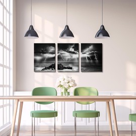 Derkymo 3 Pieces Nature Lightning Strikes in The Clouds Painting on Canvas Black and White Landscape Wall Art Ocean Coastal Night View Picture Print for Home Office Decoration Wall Decor 12"x16"x3pcs