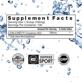 CON-CRET Creatine HCl Powder | Muscle, Cognitive, Cellular Energy Support | No Bloating or Cramps | USA Made & NSF Certified | Unflavored (100 Serving)